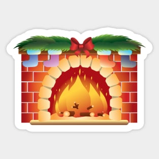 Fireplace and fire. On the fireplace are New Year's boots, a bow and Christmas tree branches. Sticker